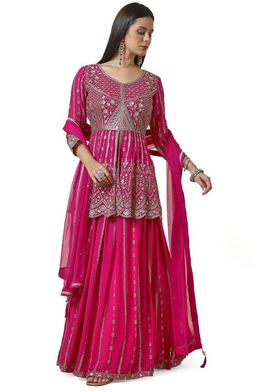 Soch Womens Fuchsia Georgette Embroidered Leaf Neck Padded Lehenga Choli