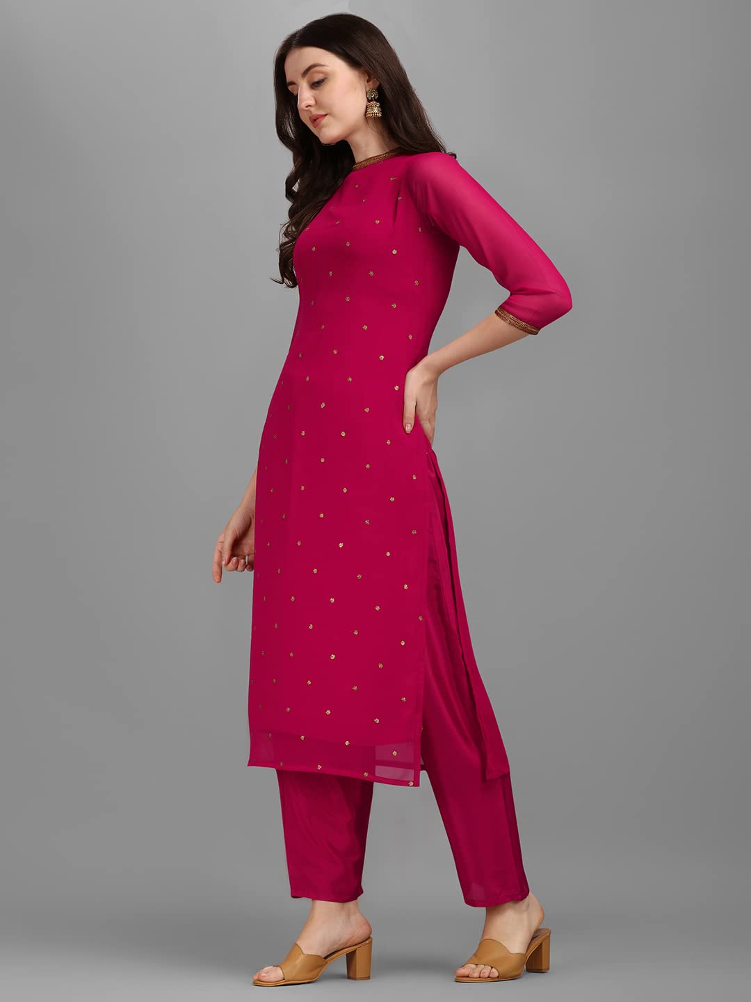 Saanjh Women's Magenta Georgette Embellished Printed Straight Kurta with Bottom