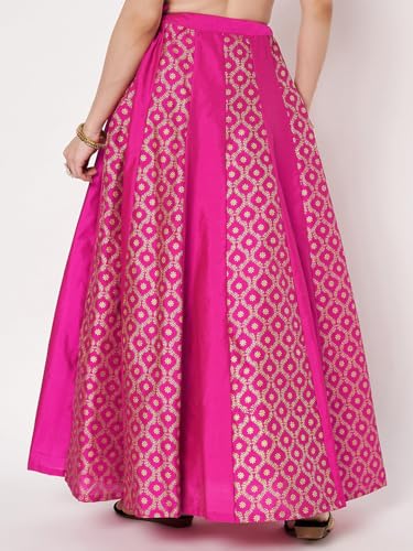 studio rasa Women's Silk Blend Block Printed Kalidaar Skirt for Wedding Festive Party(SKTC62510L_Pink_Large)