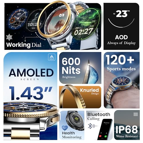 GOBOULT Pyro Smartwatch 1.43'' AMOLED Screen, BT Calling 5.3, 600 Nits Brightness, IP68, 150+ Watchfaces, 120+ Sports Modes, AI Voice Assistant, SpO2 Monitoring (Gun Metal)