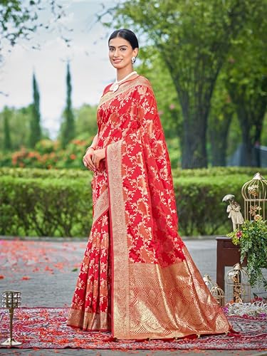 MANOHARI Women's Most Trendy Banarasi Satin Silk Woven Vibrant Red Saree With Heavy Jacquard Work Saree With Blouse Piece_MN2050