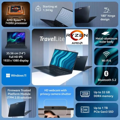 Acer Travel Lite (2026) AMD Ryzen 5 Hexa Core 7430U - (16 GB/512 GB SSD/AMD Radeon Graphics/Windows 11 Home) TL04-41M Light Laptop/14.0" FHD Display/Black/Metal Body/Copilot Key/1.34 Kg/MSO 2024