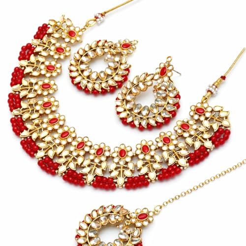 Shining Diva Fashion Latest Stylish Traditional Fancy Kundan Choker Necklace Set for Women (11596s, Red)
