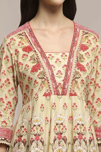 Biba Women Off White-Pink Cotton Anarkali Printed Suit Set_32