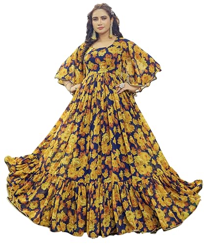 Samprag Georgette Gown for Women | Full Length | Printed | Fit & Flare | Flared & Bell Sleeves | Round Neck | Ethenic Dress | Ideal for Casual, Wedding & Party Occassions | Yellow | M