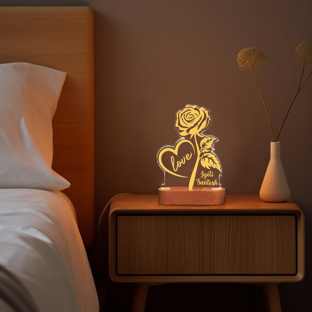 Giftana Personalized Love Rose Lamp with Name, Customized Couple Acrylic Table Lamp for Couple Gift for Anniversary, Wedding, Valentine Day, Birthday Gift for Girlfriend Boyfriend