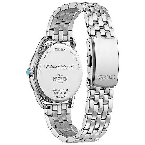 Citizen Women's Eco-Drive Disney Princess Frozen Crystal Analog Watch And Pin Gift Set In Silver Stainless Steel Watch, Blue Dial (Model: Fe7091-61W), Silver, Silver, Bracelet