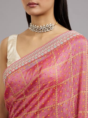 MOHEY Women's Art Silk Bandhani Print & Floral Embroidery Bordered Saree with Blouse Piece(Pink)
