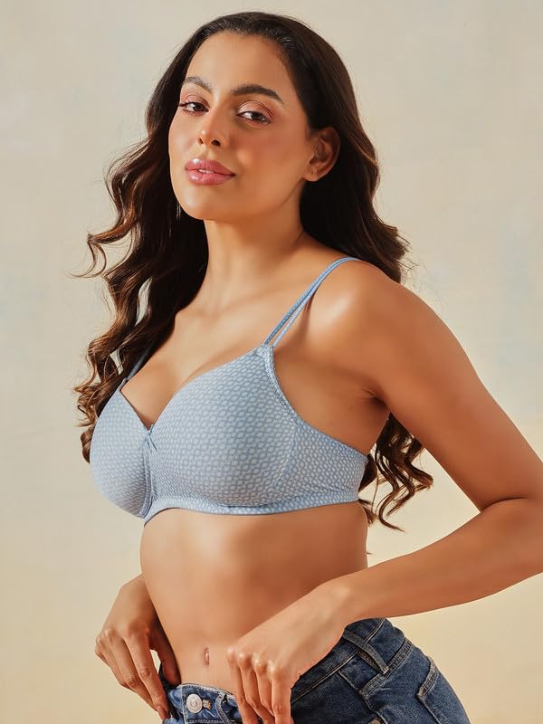 Clovia Women's Printed Non-Wire Padded Full Coverage T-Shirt Bra (BR1067F03_32C_Blue)