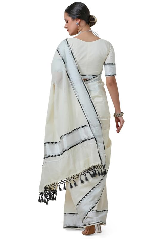 Soch Womens Cream Cotton Blend Woven Design Kasavu Saree With Tassels