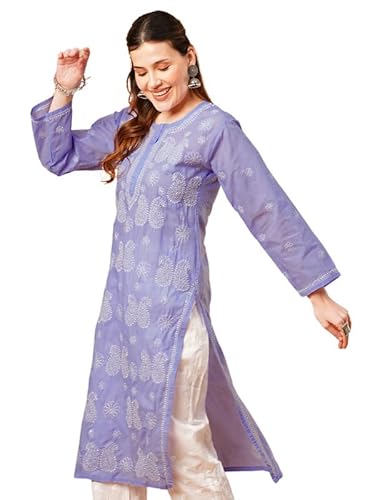 Ada Hand Embroidered Lucknowi Chikankari Cotton Kurti Kurta for Women A411610 Mauve (L)