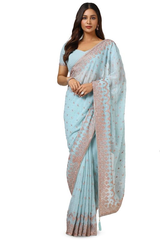Soch Womens Powder Blue Georgette Embroidered Saree With Stonework