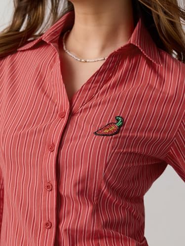 The Souled Store Hot Mess Women and Girls Full Sleeves Collared Neck Red Stripes Embroidered Cotton Slim Fit Breathable Hand-Detailed Everyday Casual Shirt