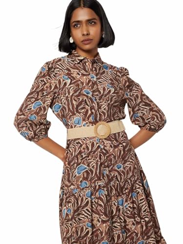 Max Women Printed Tiered Dress with Belt(Brown_M)