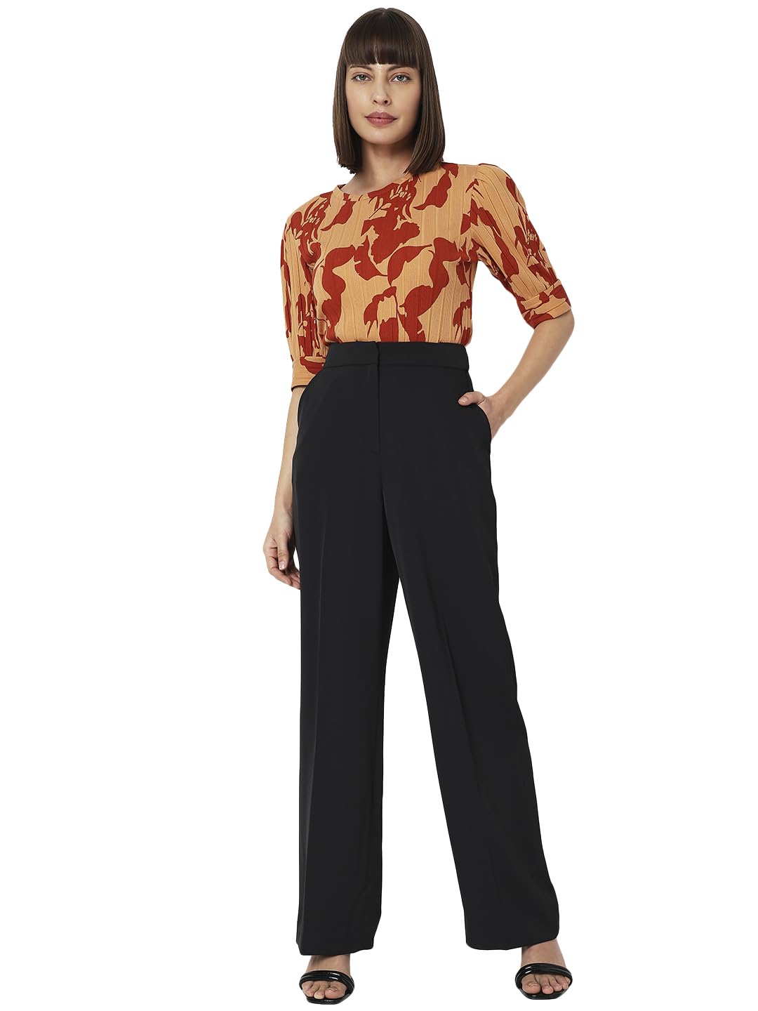 VERO MODA Women Solid Black Polyester Straight Fit High-Rise Pants