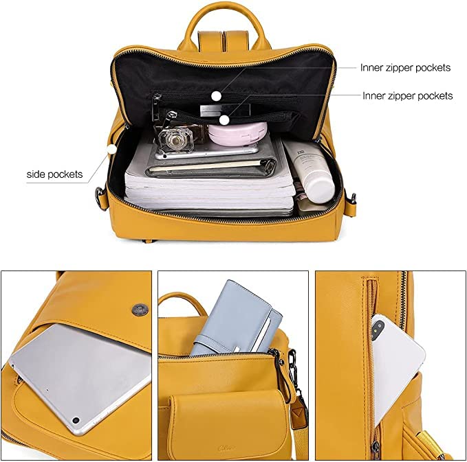 ProArch Medium 27L Large Fashion Convertible Anti-theft backpack Purse for Women Convertible Travel Vintage PU Leather Shoulder Backpack (Yellow)