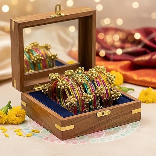 BANGLESKART 16pc Multi Color Glass Bangles Set Viral Kashmiri Ghungroo Chuda with Heavy Gold Guchha Charms Traditional Jewelry for Women (Multi Color, 2.2)