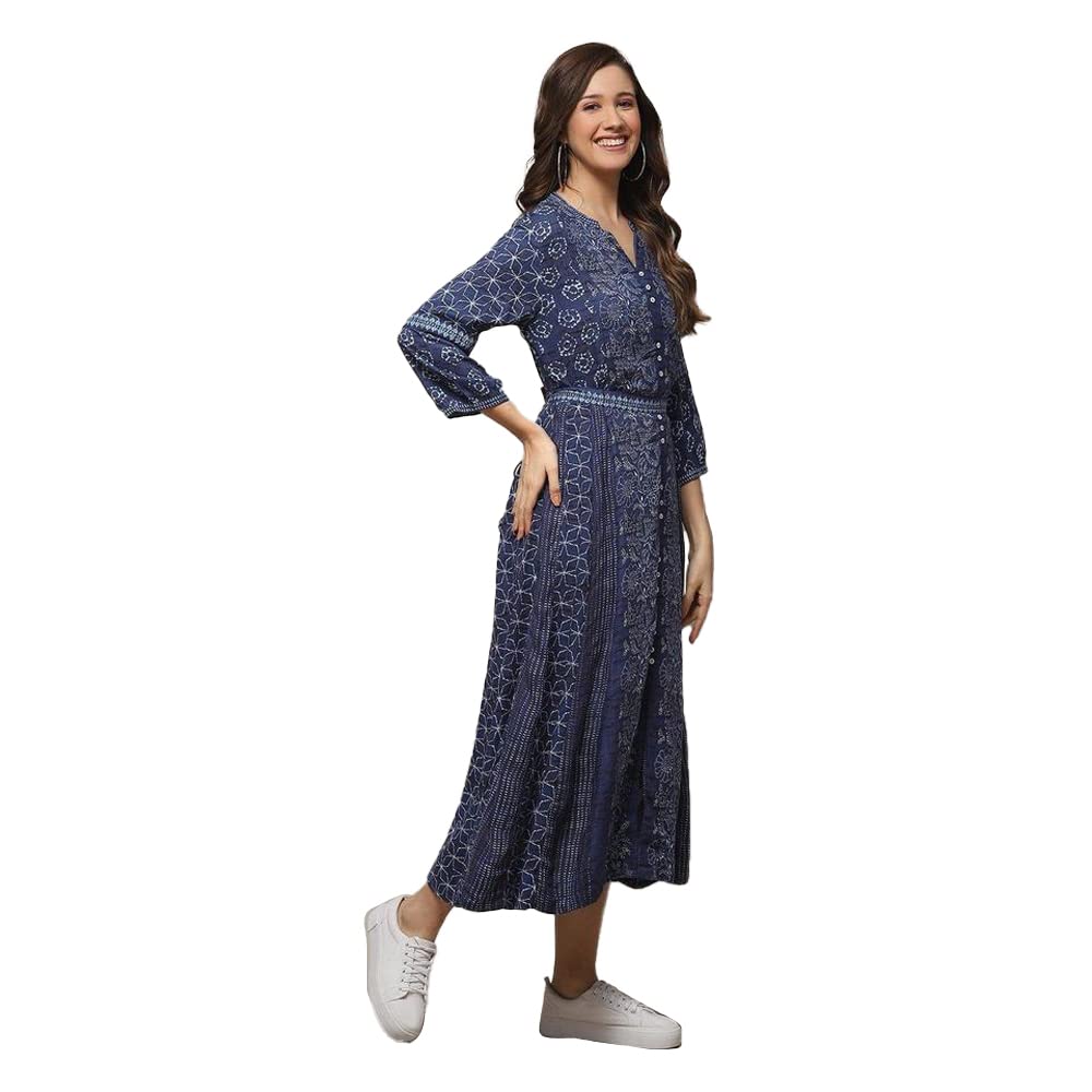 BIBA Women's Indigo Rayon A-Line Printed Dress