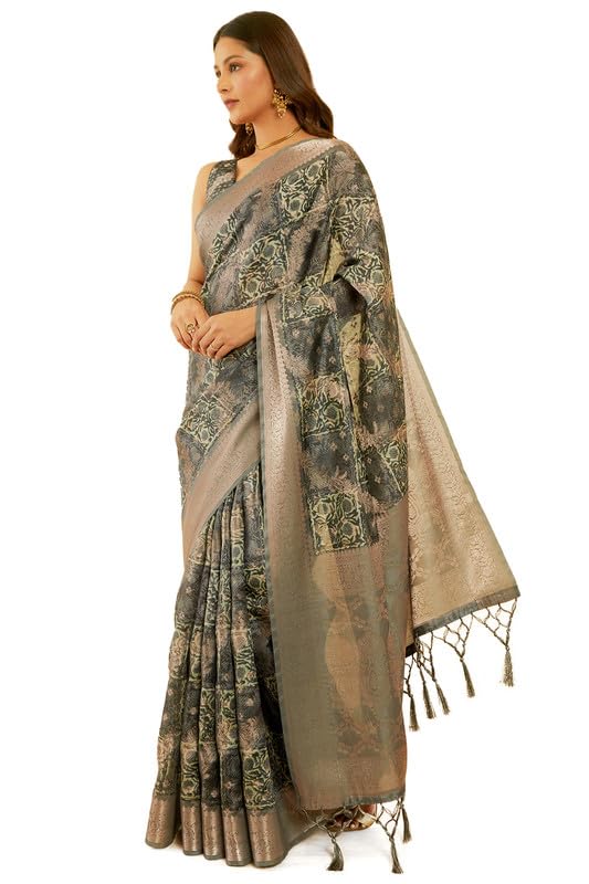 Soch Womens Charcoal Chanderi Jacquard Saree With Ethnic Print