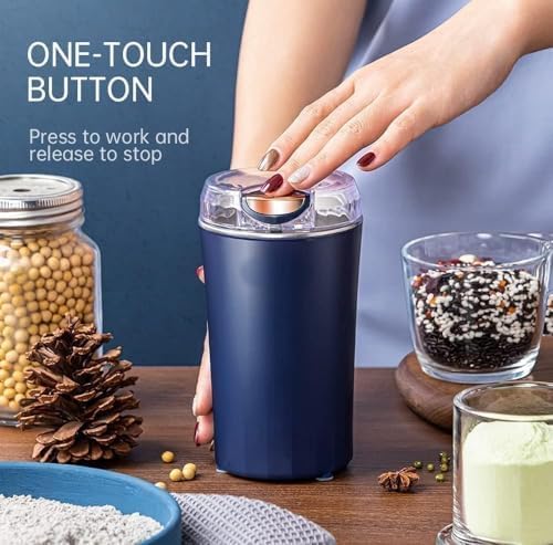 QONETIC Portable Electric Coffee Grinder Spice & Coffee Bean Grinder Stainless Steel 4 Blade Mixer Grinder for Masala & Herb Push Button Control Durable Grinding Machine for Dry Item (Blue)