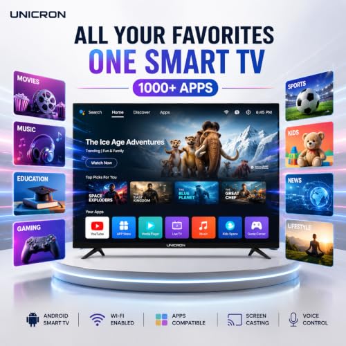 UNICRON 32 Inch Android Smart TV with Voice Control Remote Command, HD Ready LED Television with WiFi, 30W Sound Speaker with Premium Frameless Design, Built in Apps Compatible