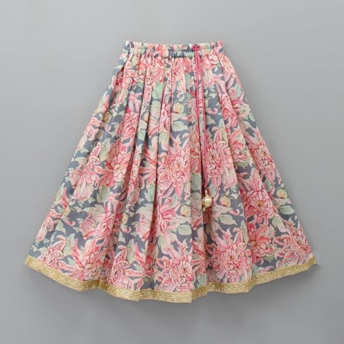 Leons Fab Girls Grey & Pink Floral Print Lehenga Choli Set | Kids Traditional Ethnic Wear | Sleeveless Ghagra Choli with Net Dupatta for Festival & Party (Multicolor, 3-4 Years)