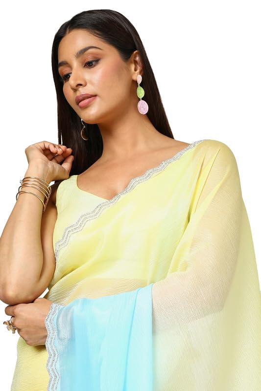 Soch Womens Yellow Organza Ombre Saree With Stone Work