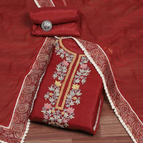 Biba Women Red Chanderi Unstitched Suit Set_Free Size
