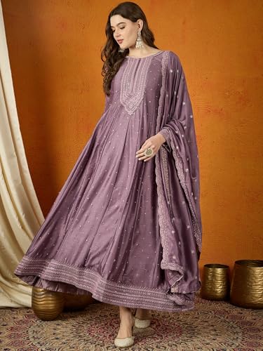 Shampysky Women's Purple Chinon Stitched Top With Chinon Dupatta Full Sleeve Embroidered Anarkali Gown (SSY-1193-Purple-XL)