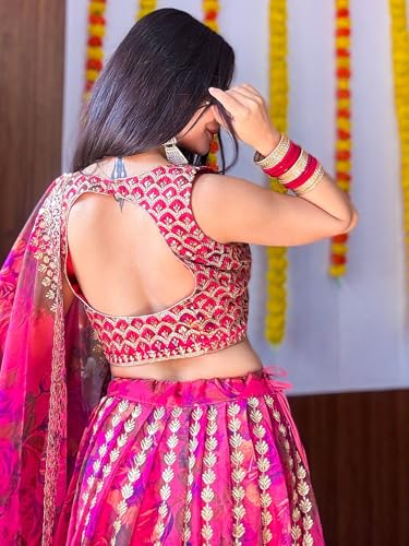 AG Clothing Women's Organza Semi Stitched Lehenga Choli With Dupatta | Floral Digital Print With Sequin Embroidery Pattern | Traditional, Wedding, Ethnic Wear Lehenga (ZC-7072-Pink)