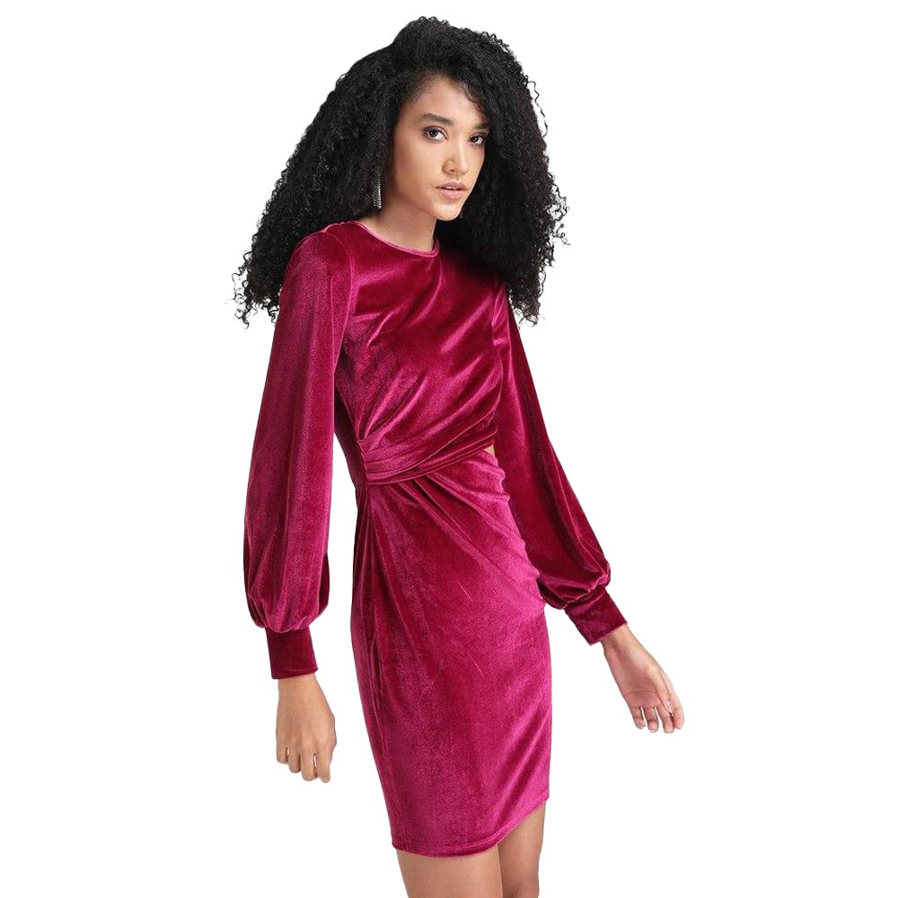 Kazo Crochet Velvet Round Neck Women's Mini Dress (Pink,Extra Small)