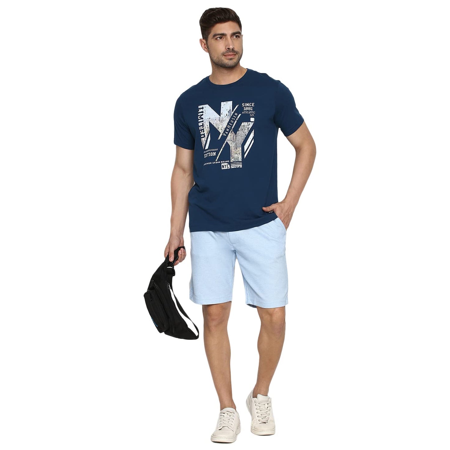 Van Heusen Athleisure Men Regular Fit T-Shirt - Cotton Rich - Crew Neck, Short Sleeve, Chest Graphic_60096_Deep Sea Lt_Medium, Blue