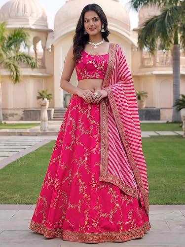 Zeel Clothing Women's Sequins Thread Embroidered Silk Lehenga Choli With Dupatta (7025-Pink-Women-Lehenga-Choli-Set, Free size)