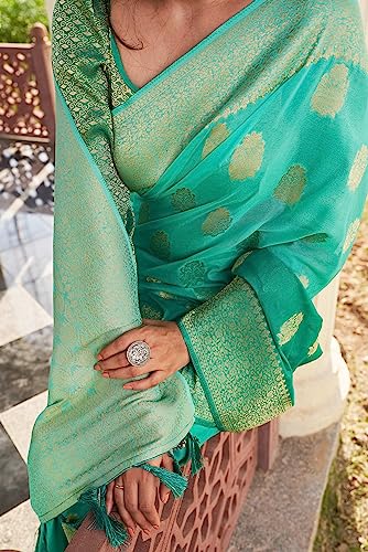 Vardha Women's Banarasi Georgette Saree with Unstitched Blouse Piece - Gold Zari Woven Work Sarees for Wedding (Mahika_677)