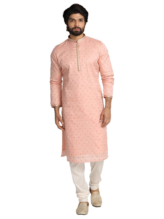 Manyavar Men's Kurta Set, Chanderi Silk Mandarin Collar Full Sleeve Kurte Set for Men Gajari (Medium)