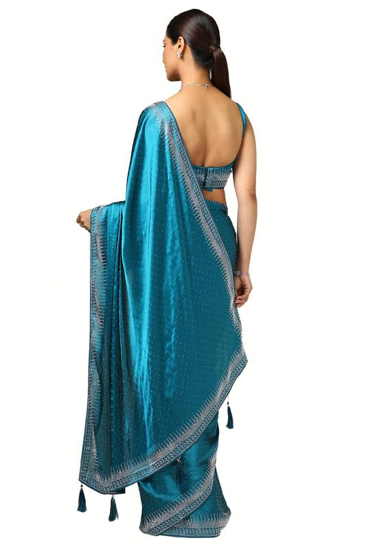 Soch Womens Teal Satin Embellished Saree With Stone Work