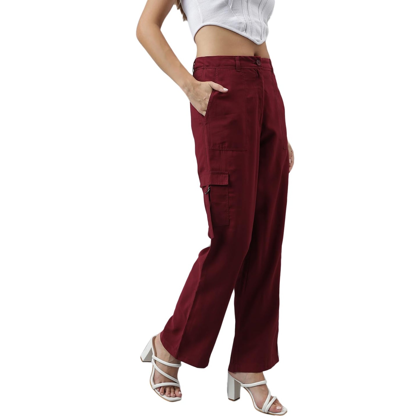 Latin Quarters Women Solid Casual Maroon Straight Pants_M