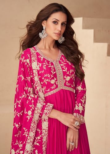 Miss Ethnik Women's Pink Chinon Stitched Gown With Dupatta Full Sleeve Embroidered Anarkali Gown (ME-1244-Pink-L)