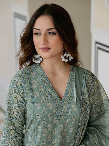 Arayna Women’s Cotton Printed Kurta Set with Pants & Dupatta | Elegant Ethnic Wear for Women | Floral Print | Comfortable Suit Set, Pastel Green, Small
