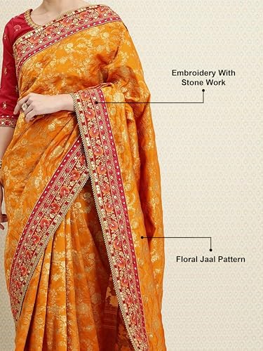TRENDMALLS Women's Pure Silk Embroidery Work Saree with Unstitch Blouse Piece (K1113-Orange)