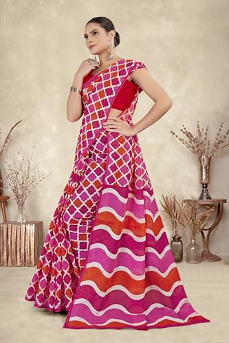 TAMAIRA FASHION Women's Printed Pure Cotton Mulmul Saree Without Blouse Piece(2487_Red&Pink)