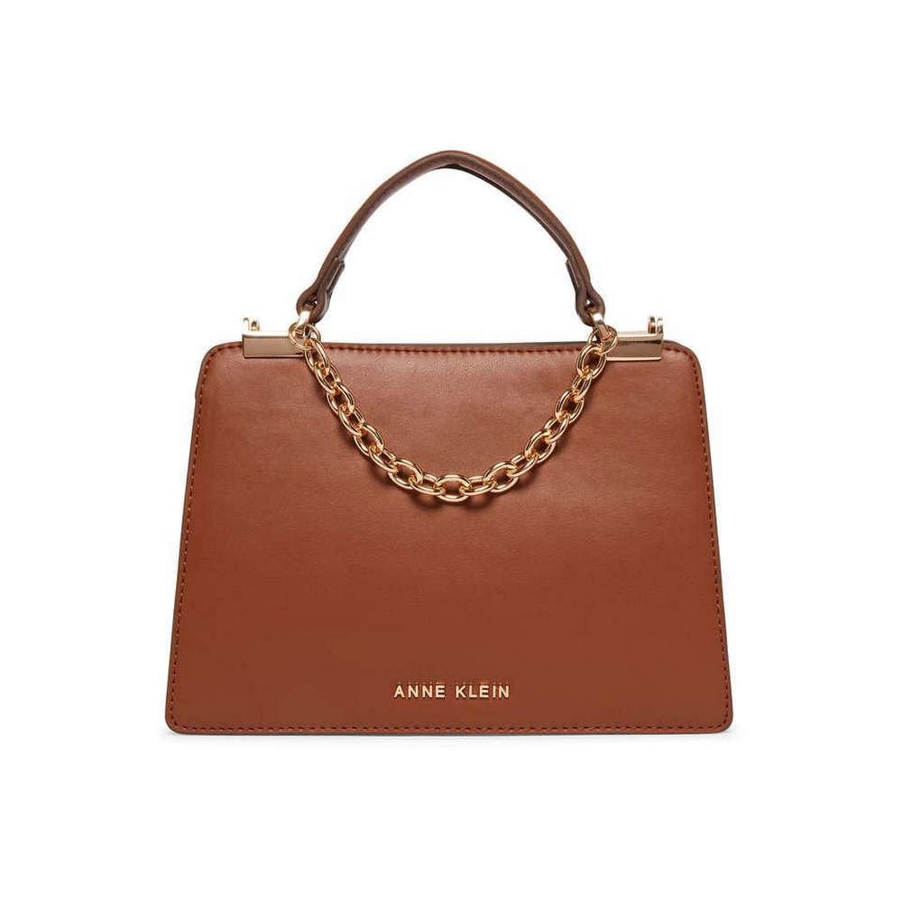 Anne Klein Solid Faux Leather Zipper Closure Women's Satchel Bag (Brown, XL)