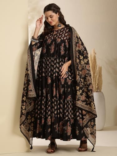Kimayra Women's Cotton Calf Length Printed Key Hole Neck Tired Kurta Suit Set (KIM9026PC3BLACK_XL, Black)