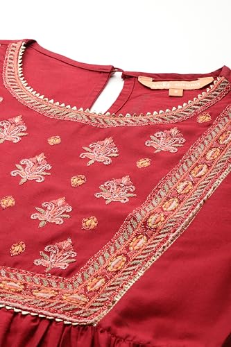 Aarke Ritu Kumar Round Neck Full Sleeve Solid with Embroidery Dress Red