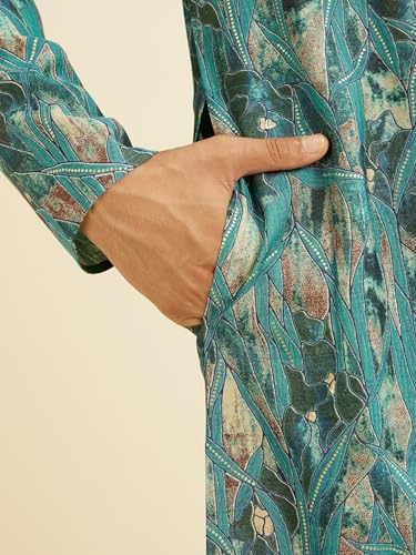 Manyavar Men's Viscose Blend Abstract Print Long Kurta (Green,M)