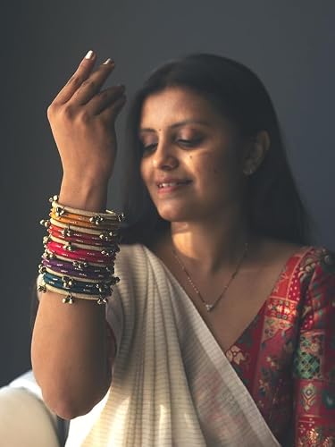 Taasha Craft Vibrant Bangle Set with Copper Ghungroo and Statement Ring, Inspired from Kashmiri Bangles (Size: 2.4, 16 Bangle Set)