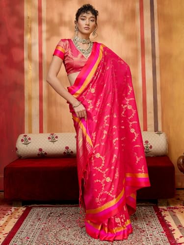 AKHILAM Women's Pink Pure Silk Ethnic Motif Printed Saree With Unstitched Blouse Piece (COLOURS005_RJ)
