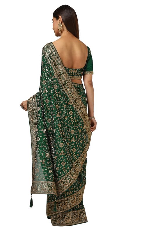Soch Womens Green Tussar Embroidered Saree With Tassels