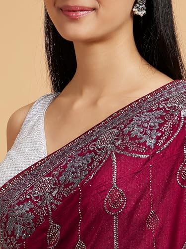 MOHEY Women's Art Silk Stone Work|Zari Saree(Wine)