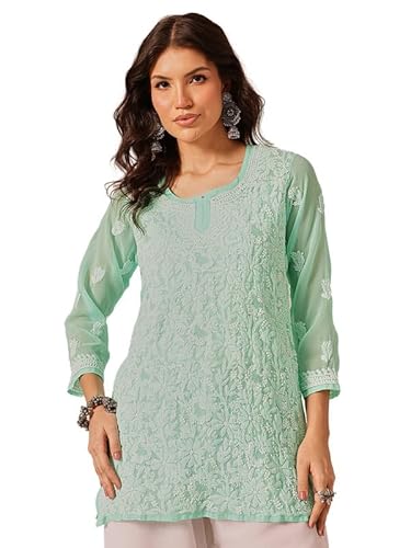 Ada Hand Embroidered Lucknowi Chikankari Georgette Short Kurti Top Tunic for Women A911500 Aquamarine (XS)